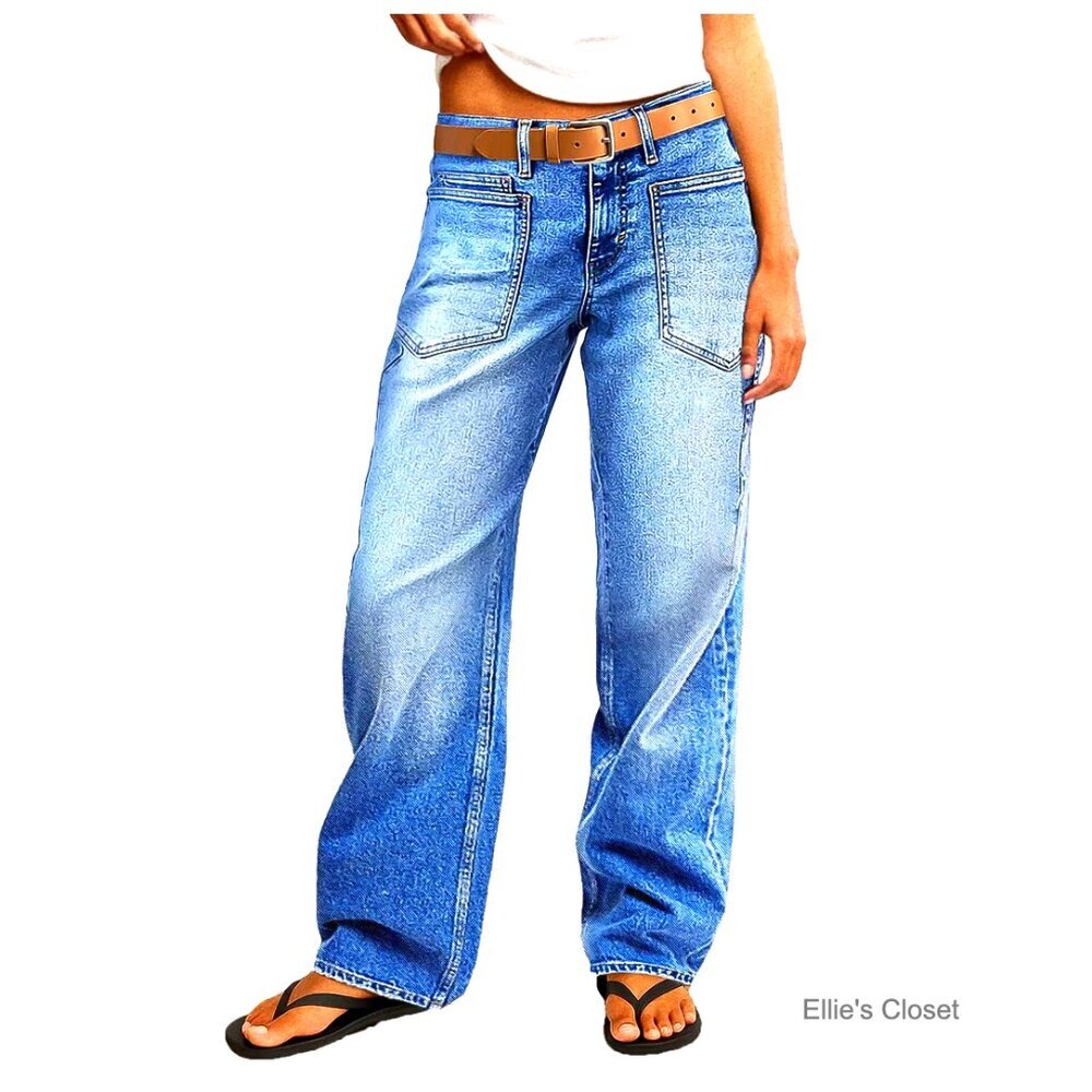 Straight Leg Jeans Mid Rise Stretchy Patch Pocket Baggy Casual